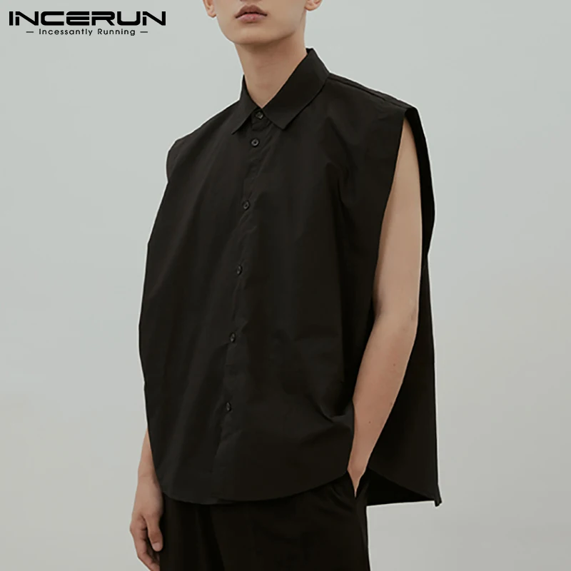 INCERUN 2024 Men Shirt Lapel Sleeveless Button Solid Color Loose Camisas Streetwear Breathable Fashion Casual Men Vests S-5XL