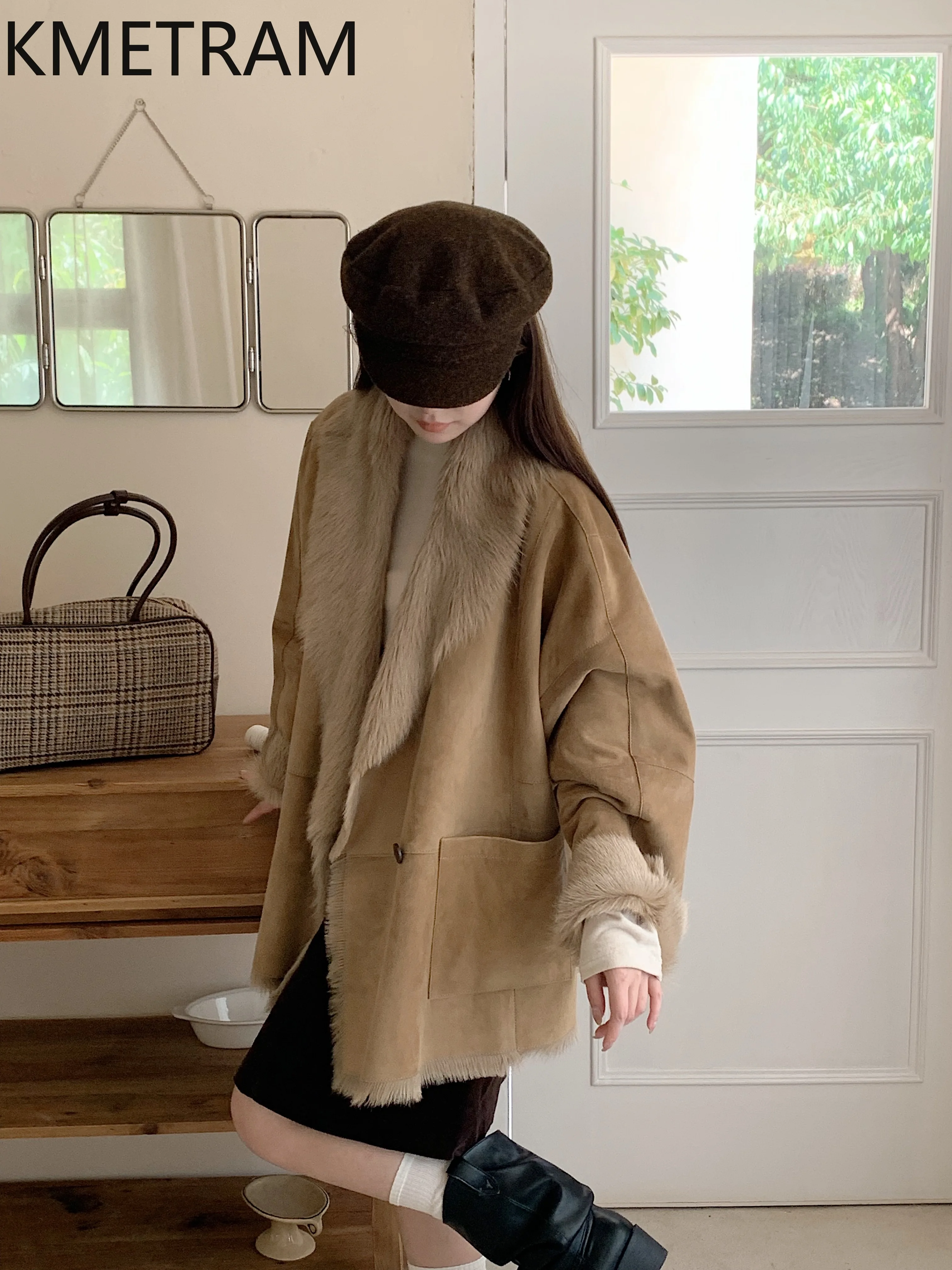 KMETRAM Natuurlijke geitenleer met wollen bevestigde jas Dames Luxe losse echt bontjassen 2025, nieuw in jassen Wintervrouwkleding