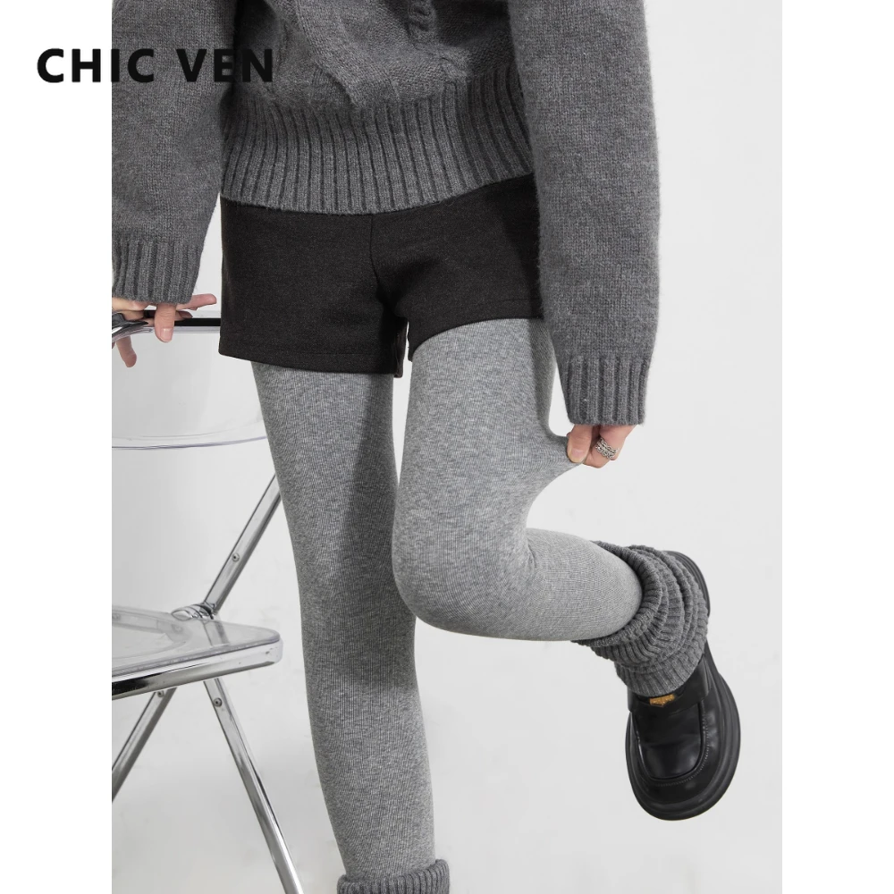 CHIC VEN Women Leggings Streerwear Solid Slim Warm Knitted Female Tights Elastic Velvet Fleece Pantyhose Girl Autumn Winter 2025