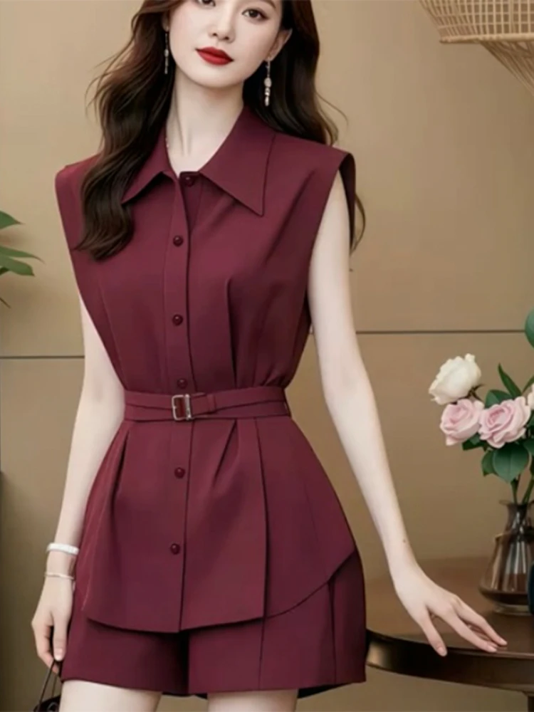 

2025 Oversize Solid Girls Summer Blouse Women Suit Short Sleeves Shirt Tops High Waist Wide Leg Trousers Two Piece Shorts Suits