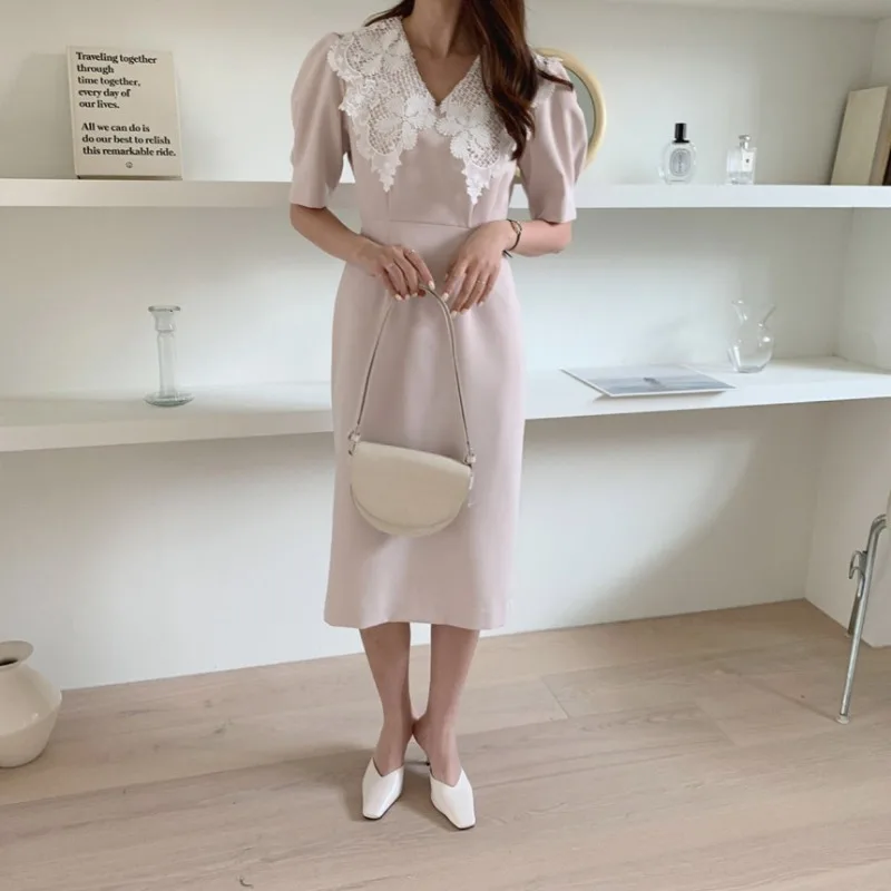 Neploe Vintage Embroidery Lapel Neck Dresses Slim Waist Mid-length Dress for Women Spring New Puff Sleeve Vestidos Mujer