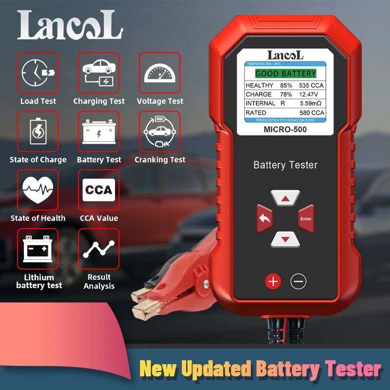 Yimu-Micro-500 Lead Acid Battery Tester, LCD Color Screen, Professional Car e Motorcycle Life Tester, 12V e 24V Test Probe