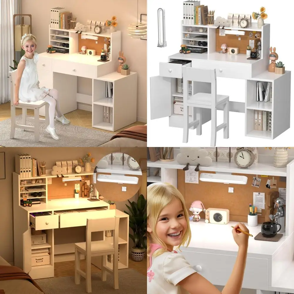 

Детский письменный стол и стул из белого дерева с подсветкой, 2 ящика, 4 шкафчика, выдвижная секция для хранения, идеально подходит для учебы девочек и детей.