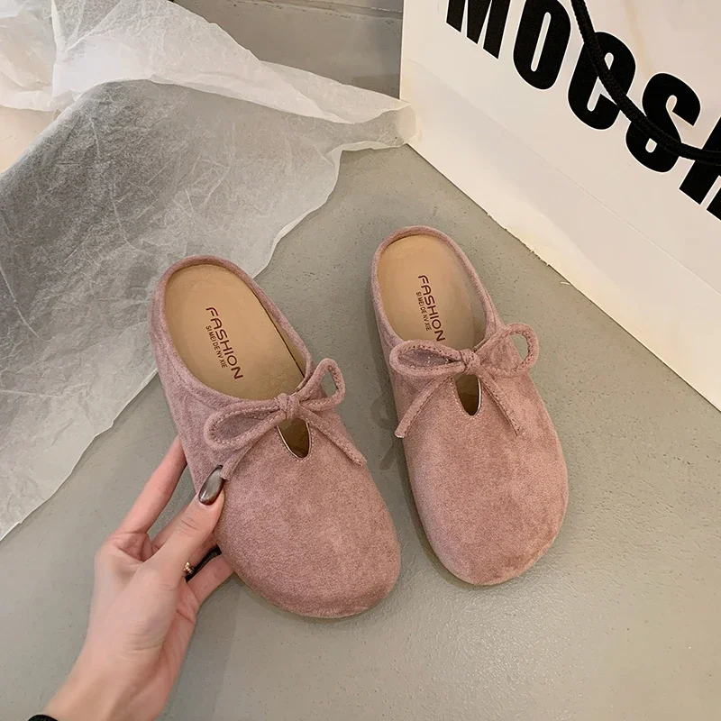 

Autumn New Baotou Slippers Women Fashion Round Head Deep Mouth Butterfly Knot Inside High and Low Upper Shoes