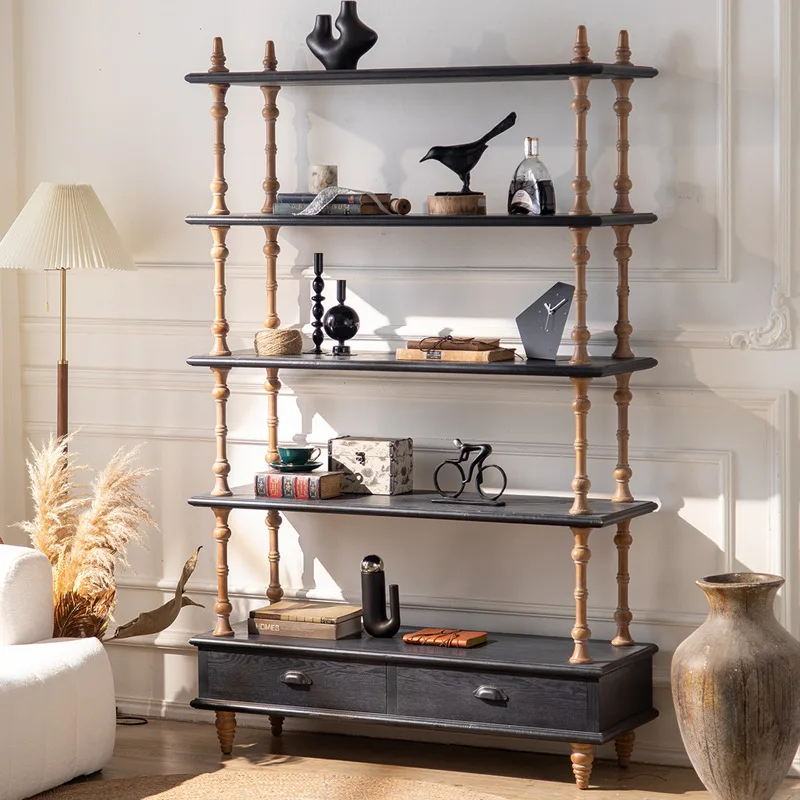 vintage storage display rack, knotless pine bedroom floor-standing bookshelf, multi-layer vintage wall-mounted storage rack