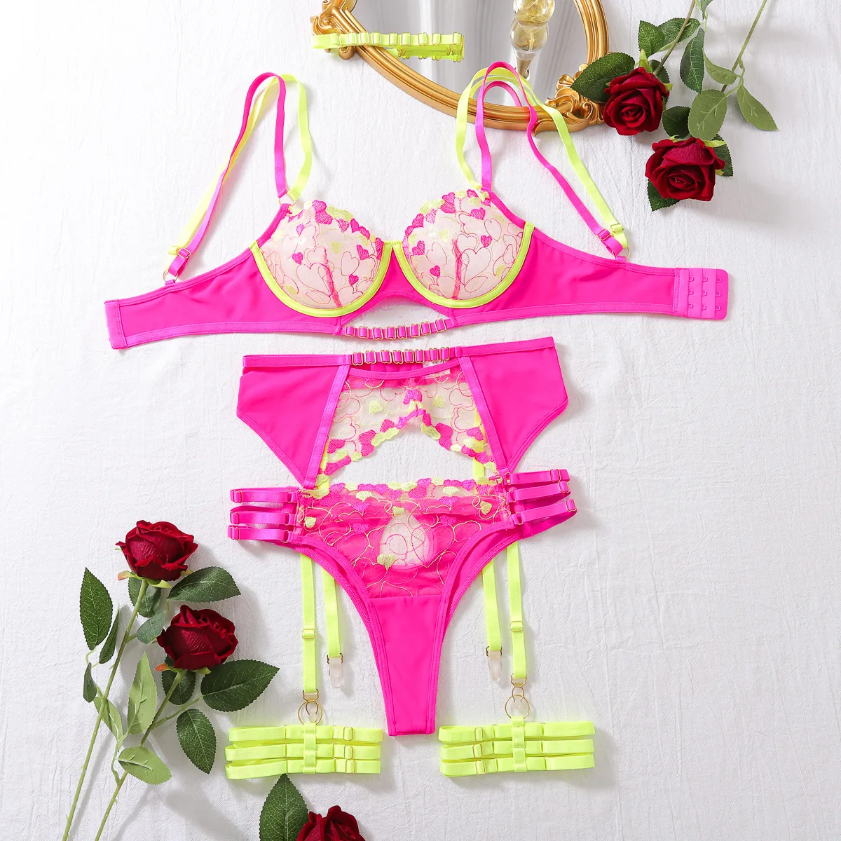 

Mesh embroidery erotic underwear gathered ladies sexy see-through lingerie shapely split five-piece bra set