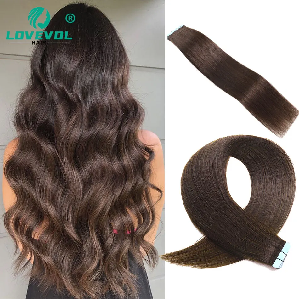 Lovevol Tape in Hair Extensions Human Hair Straight Remy European Hair Extension Natural Seamless Skin Weft Brown Color 10/20pcs