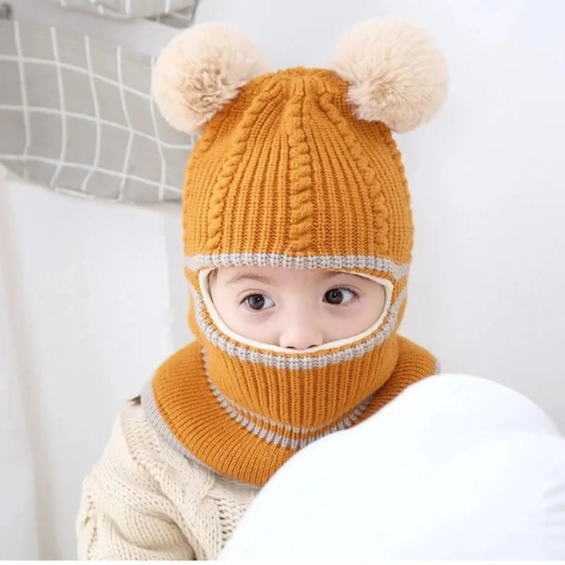 Autumn Cute Baby Hats for Children 3-8Years Boys Winter Hats and Scarves Set Boys Girls Add Thick Hats and Necklaces