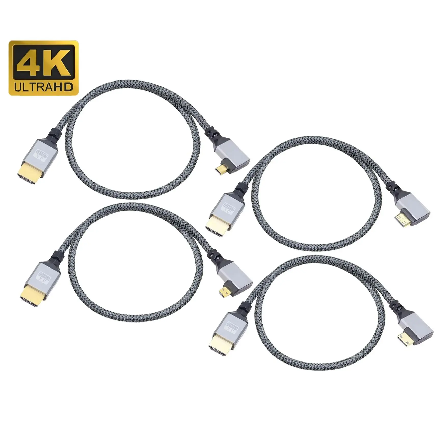 Kabel 0.5M 4K UHD 90 stopni lewy/prawy kąt Mini port Micro HD Aluminiowy krótki nylonowy przewód w oplocie do kamery laptopa HDTV