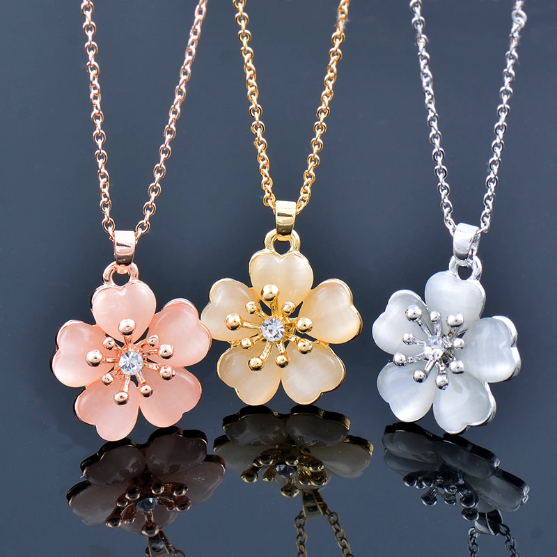 SINLEERY Fashion Solid Pink Opal Plum Flower Pendant Necklace Rose Gold Color Wedding Jewelry For Women Girl XL260