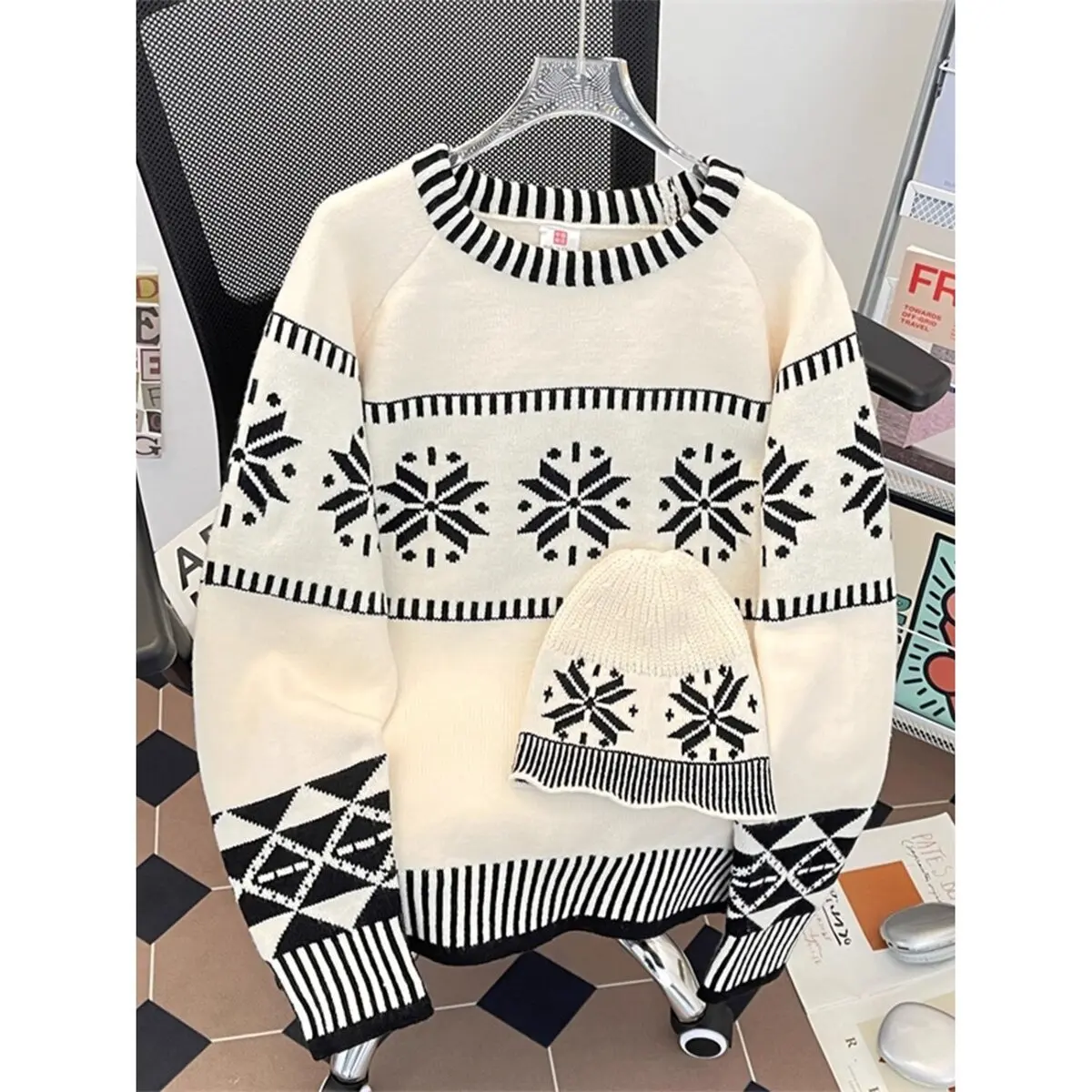 

Men's round Ne Knitted Sweater with Hat Loose Fit Long Sve Warm Breathable Casual Wear Home Outdoor Student Faion