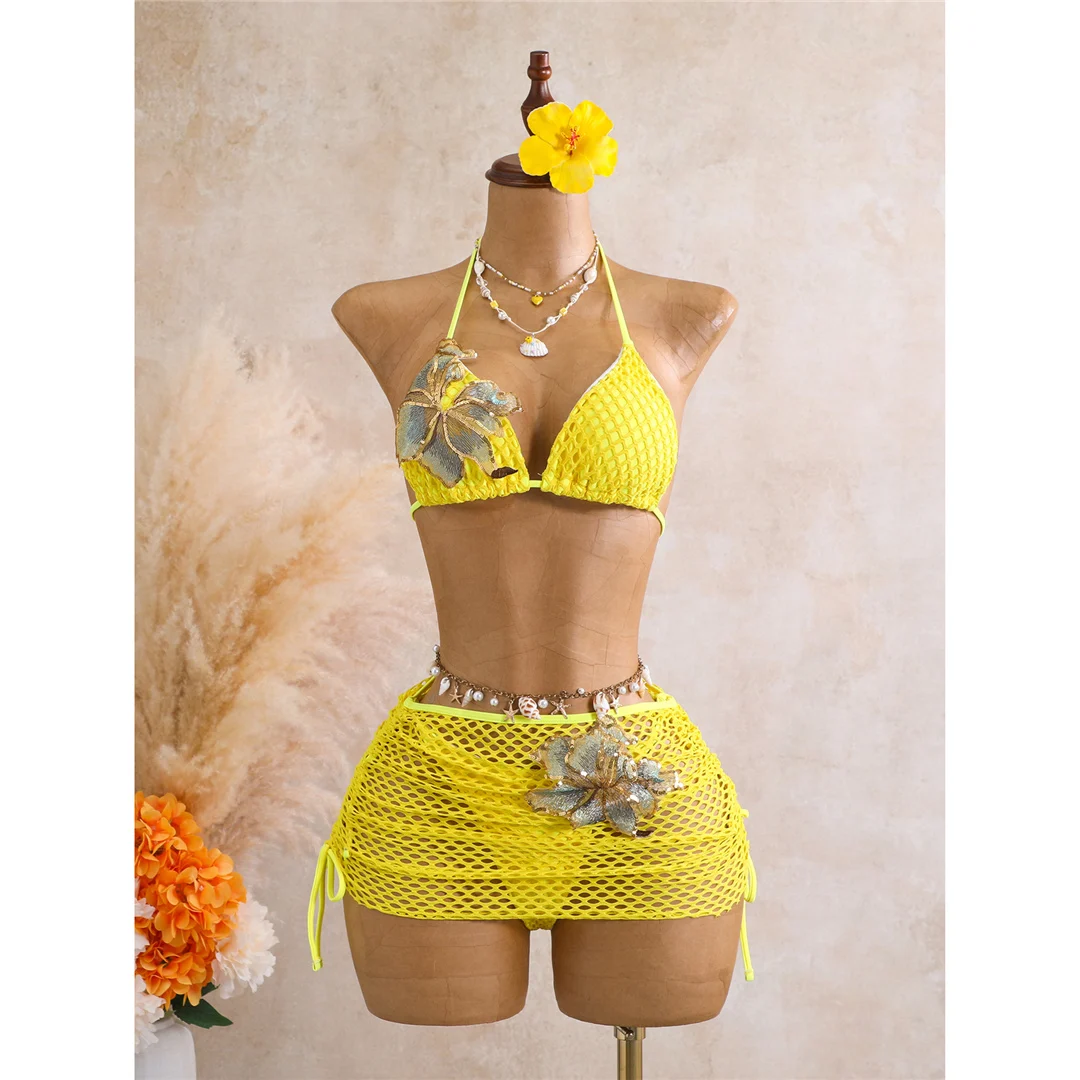 Mit Rock 3D-Blumen-Halter-Bikini Damen-Badebekleidung, dreiteiliges Bikini-Set, gepolsterter Badeanzug, Badebekleidung, Schwimmen V8346 – Detail 12