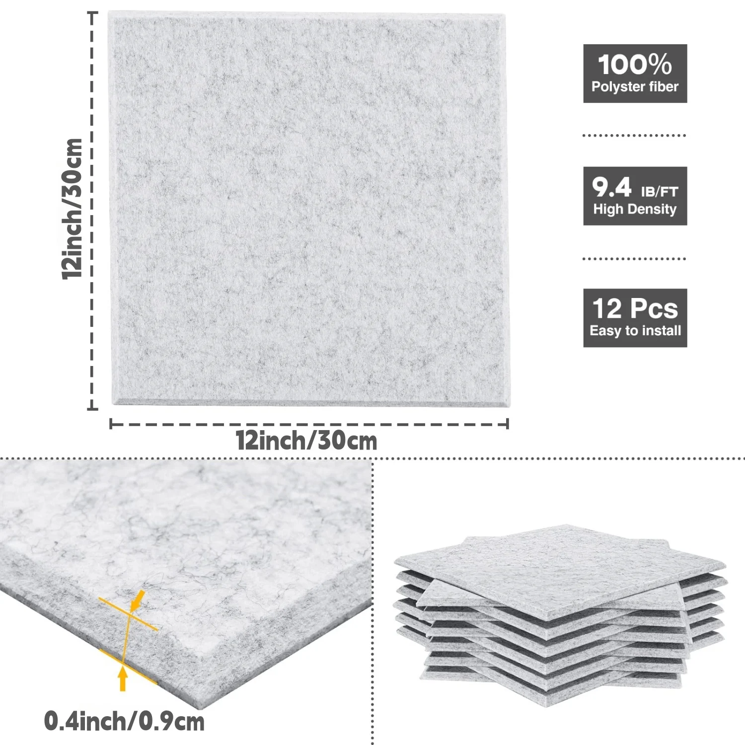 Paneles Acústicos Cuadrados HERTBER, Paquete de 12, Autoadhesivos, Azulejos de Pared Absorbentes de Sonido para el Hogar, Estudio u Oficina, Fácil Instalación