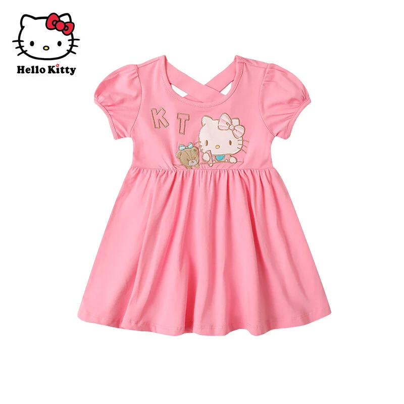 Kawaii Sanrios Hellokittys Summer Anime Baby Clothing Girls Mesh Princess Puff Sleeve Dress Kids Cotton Comfortable Tutu Skirt