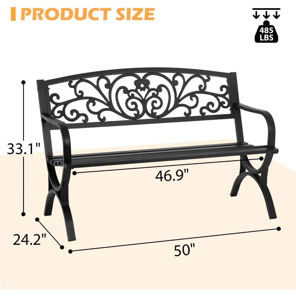 كراسي Loveseat معدنية سوداء للاستخدام الخارجي مقعد حديقة الفناء 50 بوصة مساند للذراعين بمقعد شرائحي تصميم الأزهار البلاستيكية الخلفية مثالية لـ