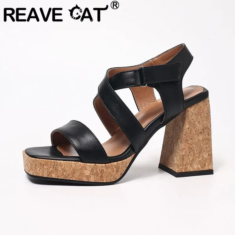 

REAVE CAT Brown Roman Sandals for Women Square Toe 9cm Chunky Heel Platform Hook&Loop Big Size 41 42 43 Modern Daily Lady Shoes