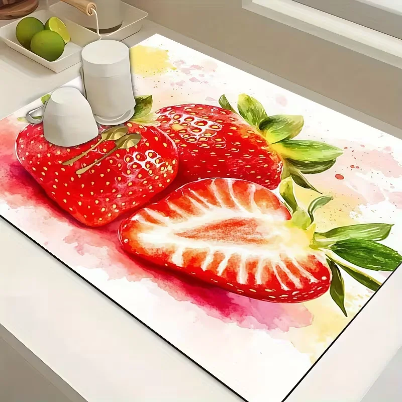 Watercolor Strawberry Print Coffee Station Pad Fresh Fruit Art Countertop Mat For Kitchen Counter Dining Table Home Decor