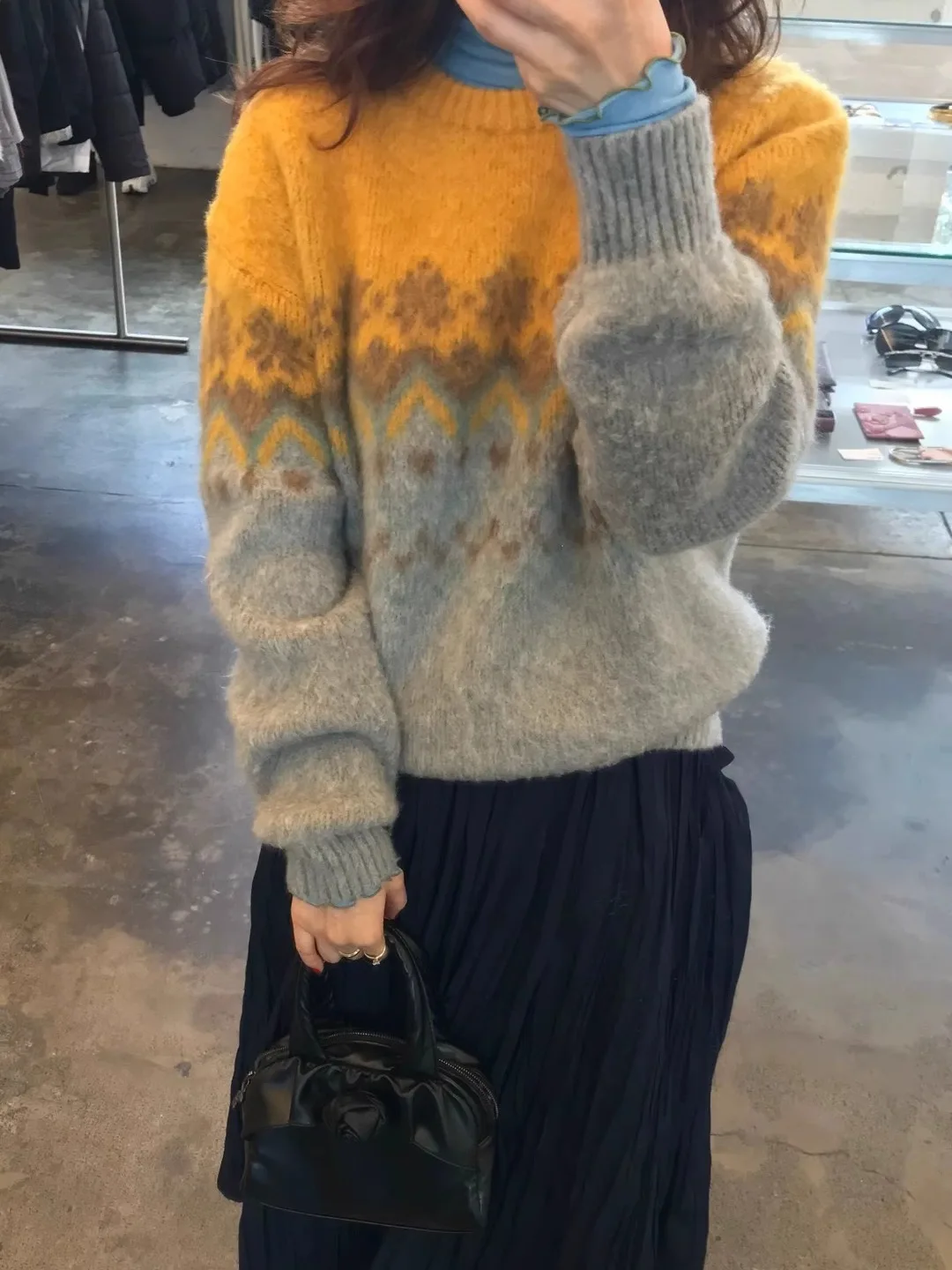 Dongdaemun Sienne Colore retrò Blo Fair Isle rotondo Ne Maglione lavorato a maglia Donna Autunno Nuovo fiocco di neve Ricamo Maglieria