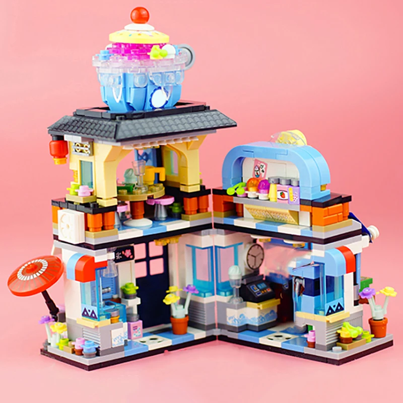 Mini Building Blocks City Street Scene Ice Cream Shop Restaurant House Model Toy Suitable for Home Decoration and Holiday Gifts