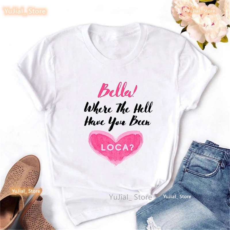 

Bella Where The Hell Have You Been Loca Letter Print T Shirt Women Summer Short Sleeve Tshirt Femme Tumblr Clothes T-Shirt Tops