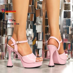 New Pink 12CM Women Sandals Peep Toe Platform Shiny Colors Block Heels Pumps Summer Thick High Heel Shoes Woman Outdoor Slides
