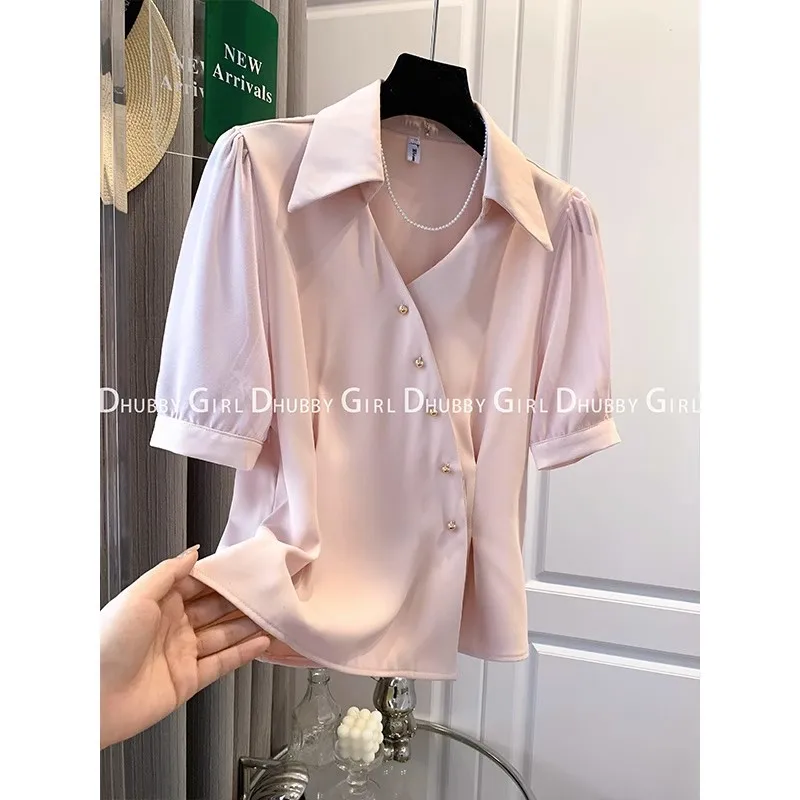 

Elegant Chic Asymmetrical Office Lady Button Up Shirt Summer Fashion V Neck Short Sleeve Slim Tops Blouses for Women