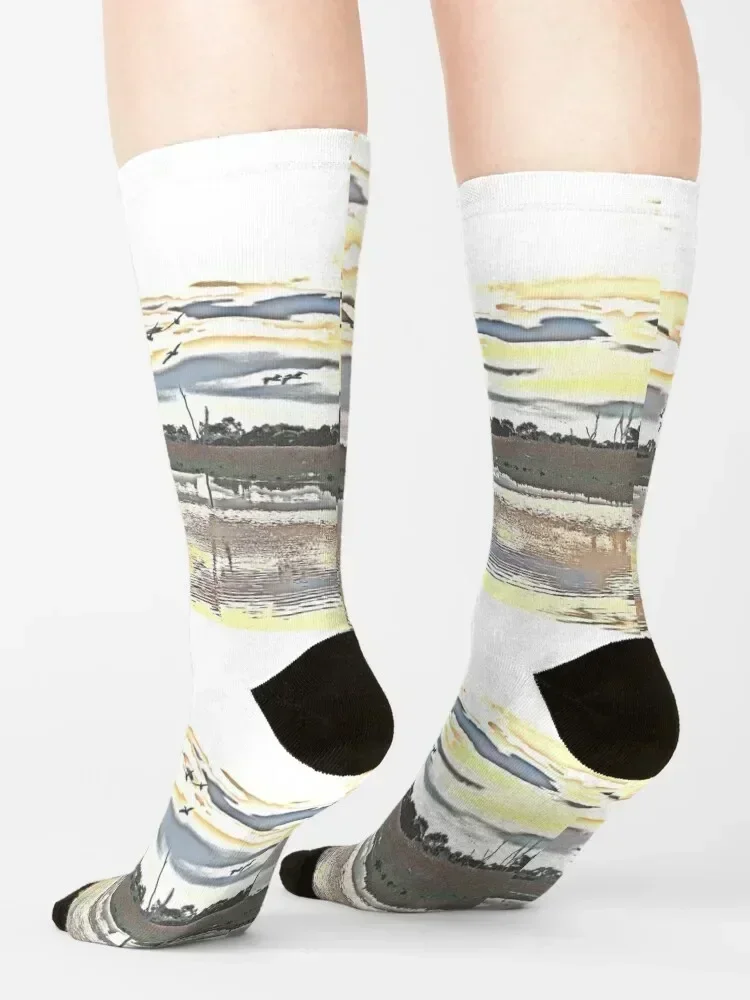 Pelicans at sunset - mixed media 1 Socks floor luxury designer Crossfit Socks Girl Men's