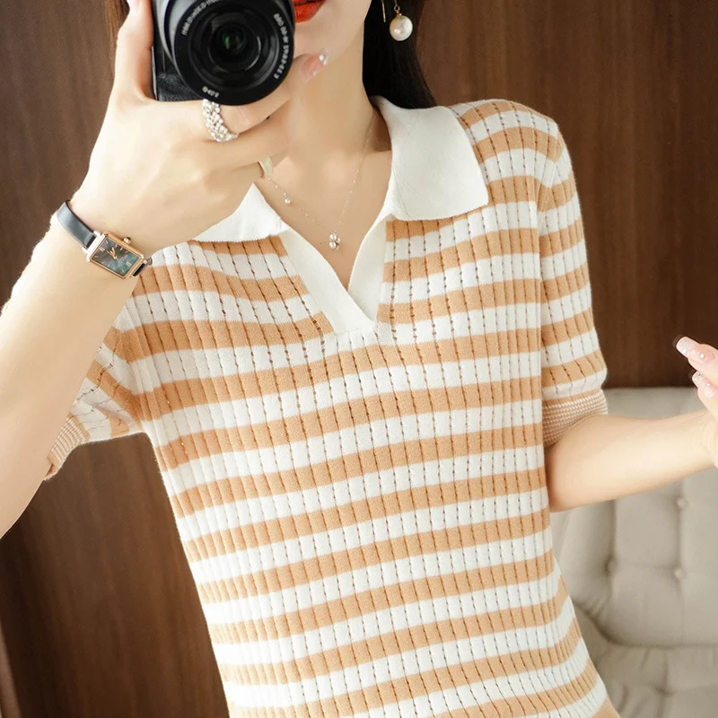 

sleeve Short T-shirt for women 2023 Instagram fashion summer design sense niche ultra hot V-collar striped polo shirt top