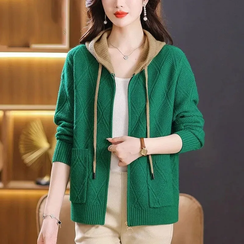 2024Autumn Winter New Zipper Hooded Knitted Cardigan Sweater Jacket Women Korean Loose High-Grade Solid Mother Coat Female Tops