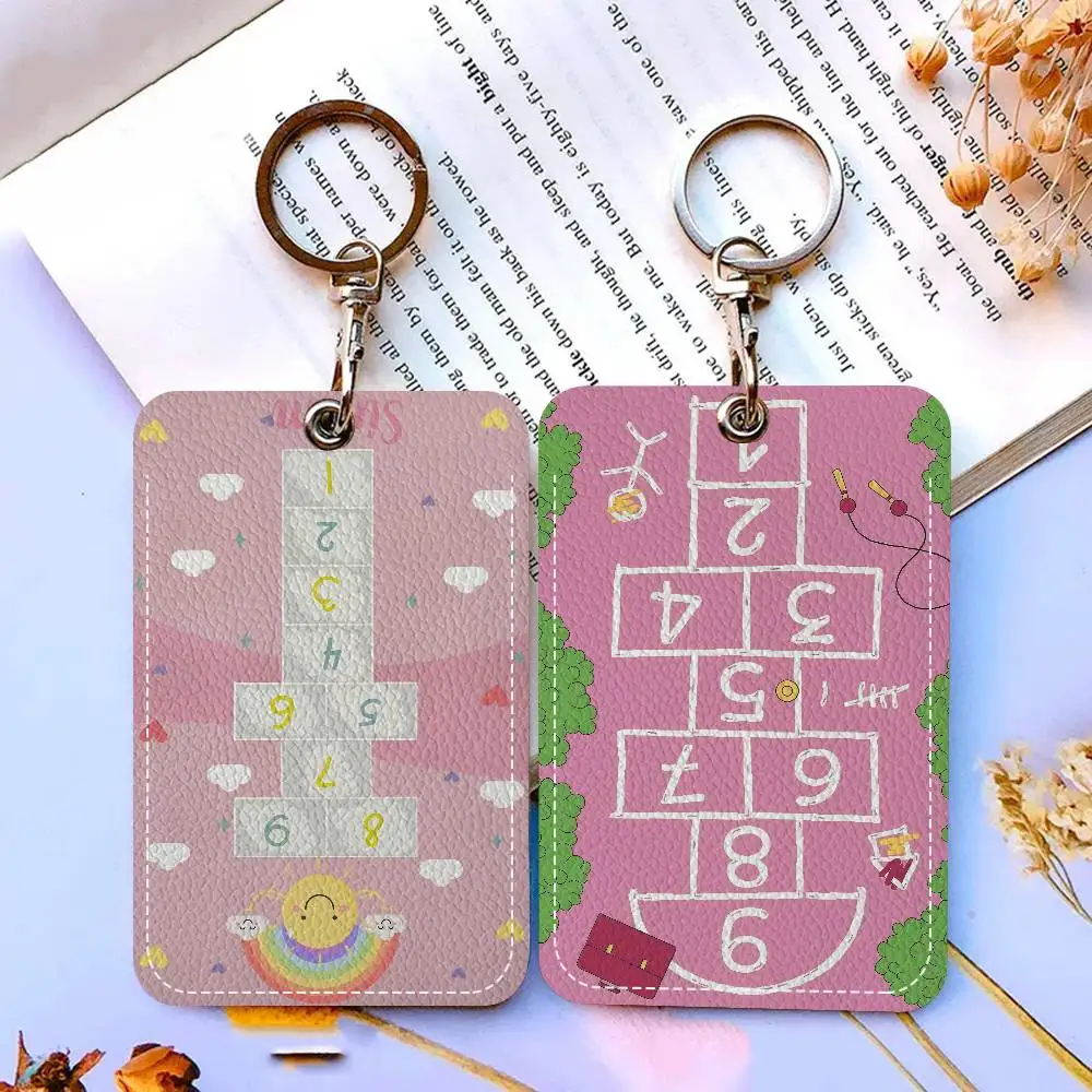 Hopscotch Cartoon Aesthetic Keychain With Access Card Holder, Bus Pass & Meal Card ID Bank Card Protective Case For Security