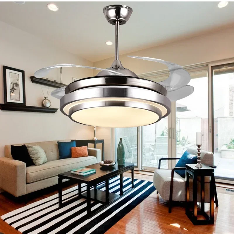 Modern Indoor Ceiling Fan Modern Gold Silver 42 Inch Retractable Led High Quality Ceiling Fan Lighting with Hidden Blades