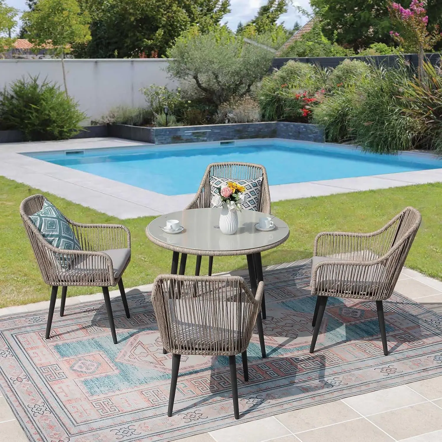 

5 Piece Outdoor Dining Set, Wicker Patio Furniture Dining Chairs And Table Set With Cushions For 4 People, Tempered, Customized