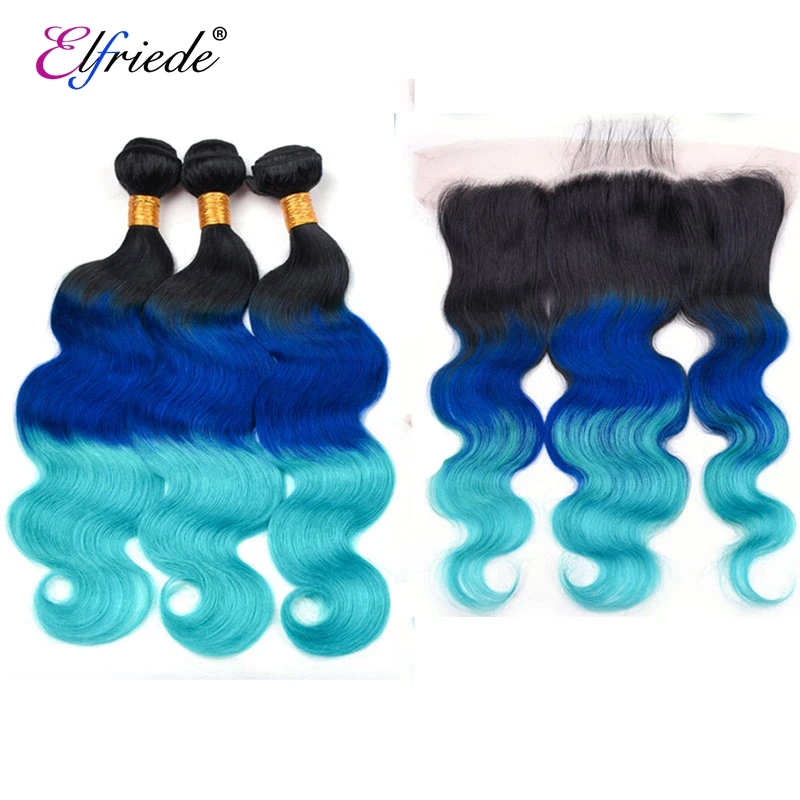 Elfriede Ombre #T1B/Blue/Light Blue Hair Bundles with Frontal Body Wave 100% Remy Human Hair 3 Bundles with Lace Frontal 13x4