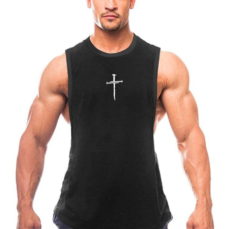 

Personalized Cross Print Sport Vests Gym Bodybuilding Mens Fitness Muscle Tank Tops Mesh Breathable Sleeveless Qucik Dry T-shirt