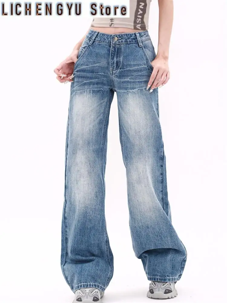 

Women's Water Washed Blue Straight High Waisted Jeans Wide Leg Streetwear Cool Girl Vintage Trouser Female Casual Denim Pants
