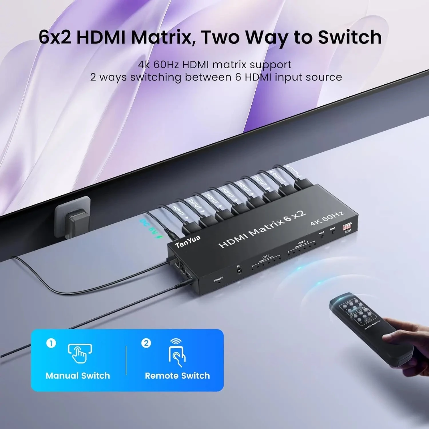 4K@60Hz HD Matrix Switch 6 in 2 out HDTV Video Spliitter Switcher 6x2 with Optical 3.5mm Audio Extractor for Laptop PC Monitor