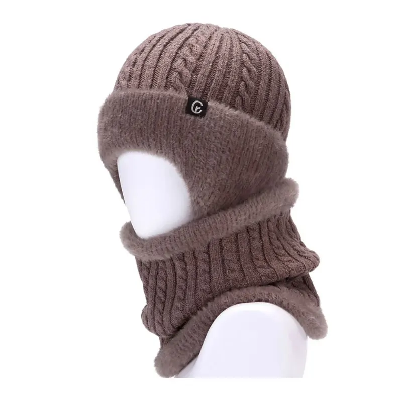 Fashion Soft Knitted Fox Fur Neck Warmer Sport Scarf Hat Set For Men Women Outdoor Riding Hat Beanies Neck Protection Scarf Cap