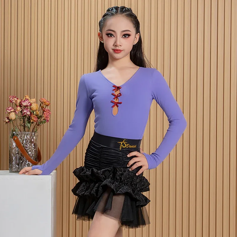 

Новый костюм для латинских танцев для детей и девочек, боди с бантом, кружевная облегающая юбка с гофрировкой, униформа для занятий и выступлений