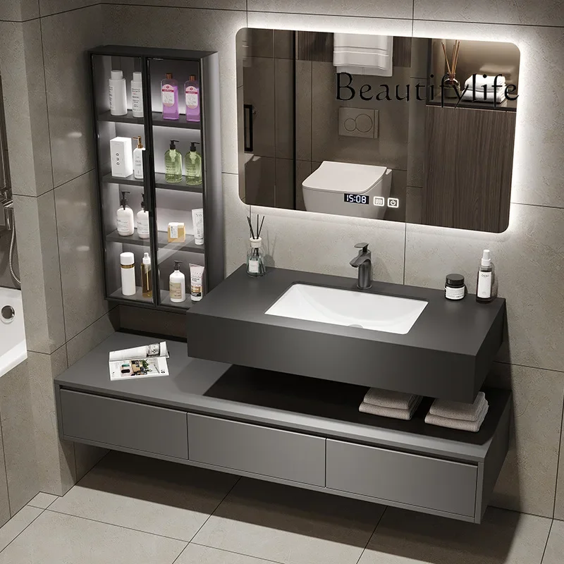 

ModernLuxury Bathroom Cabinets With Side Cabinet Rock Ceramic Basin Bathroom Vanity Cabinet Display Gabinete Trendy Furniture