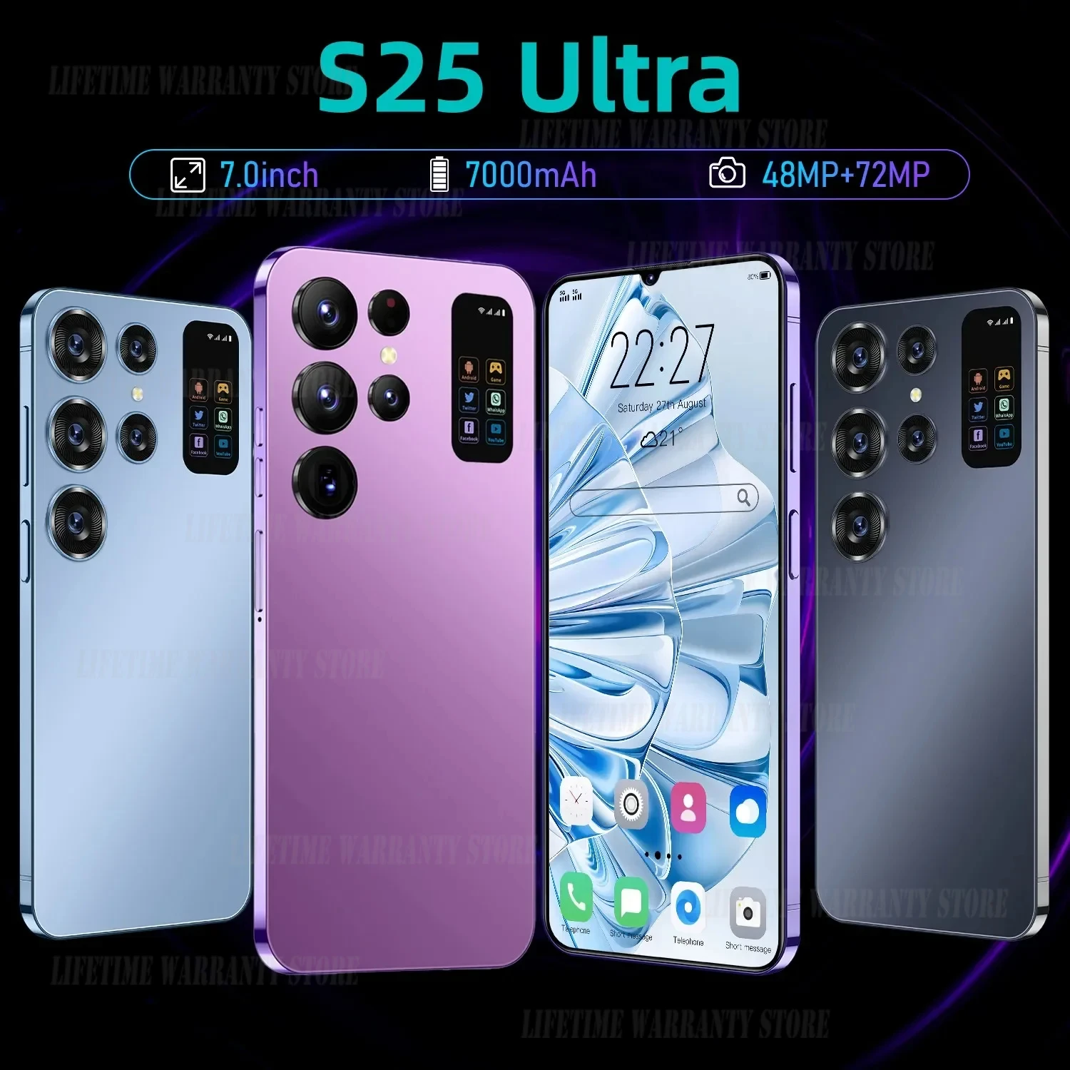 S25 Ultra Dual Sim Smartphone Android, Telemóveis, Celular, Face Unlock, NFC, 16GB, 1TB, 7000mAh, Novo, Original