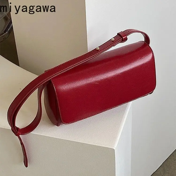 Miyagawa 2024 Retro Wine Red Versatile Underarm Bag Niche Oil Wax Skin Simple Fashionable One Shoulder Crossbody Bags