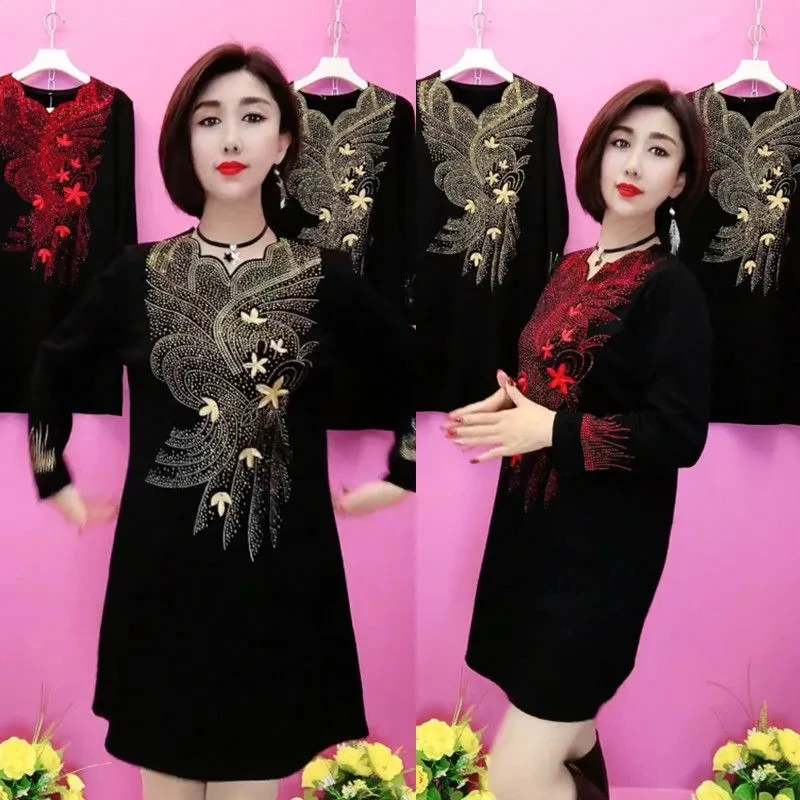 Advanced Sense Hot Diamond Dress Autumn Winter Add Velvet Thick Middle Aged Female Embroidered Dress Mother Dress Large Size 6XL