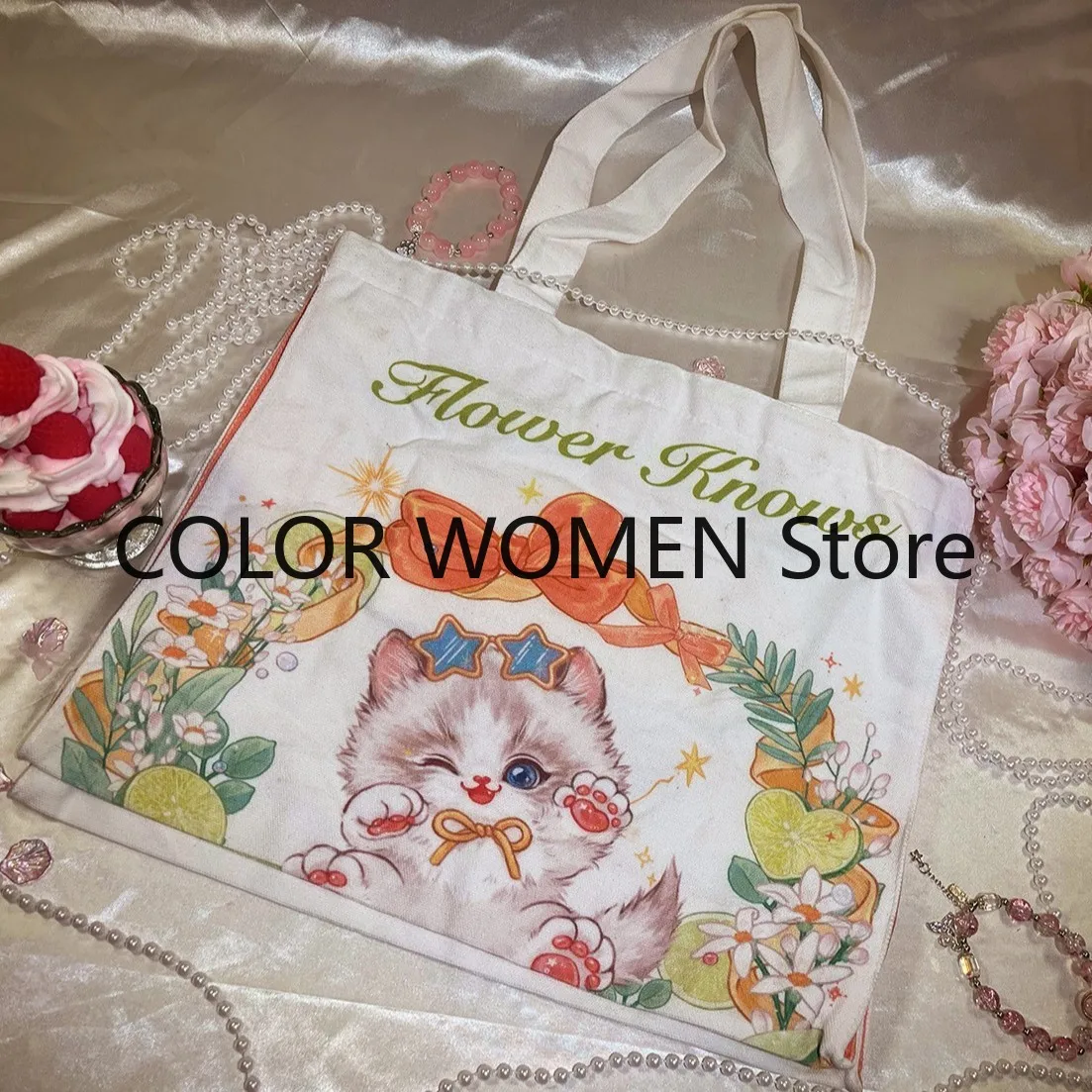 Sac fourre-tout en toile à fermeture éclair Flower Knows White Childhood Fun Cat, sac à maquillage
