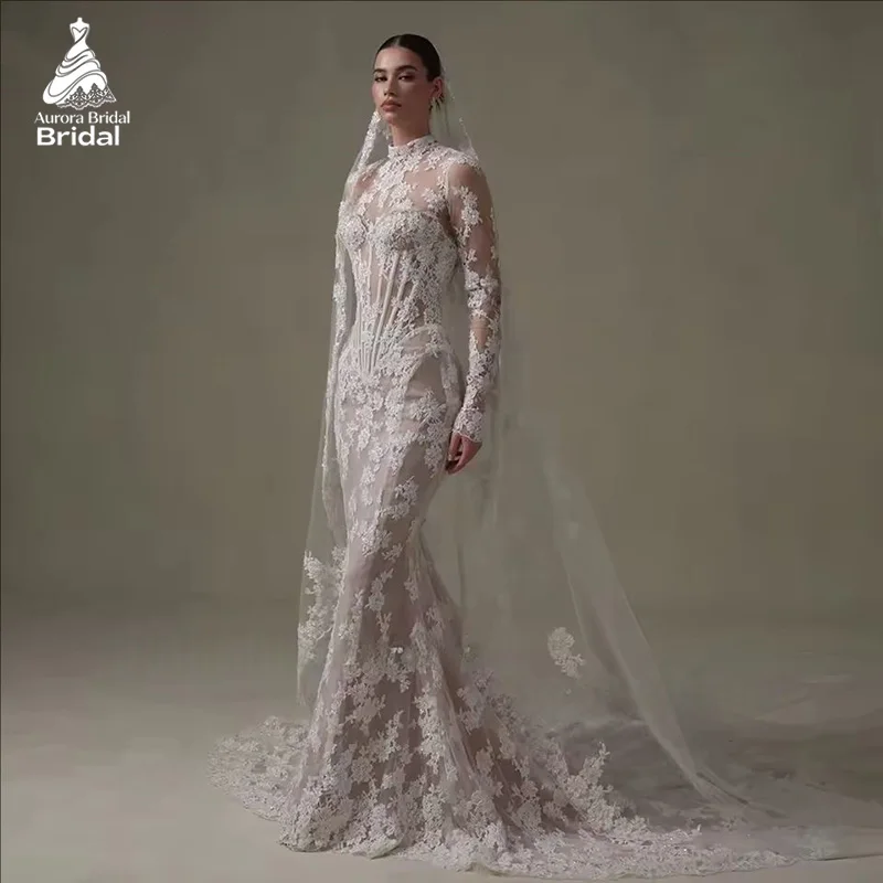 أورورا خمر الدانتيل حورية البحر فستان الزفاف مثير ذوي الياقات العالية كم طويل الزفاف PartryGown عارية الذراعين فستان عروس مخصص