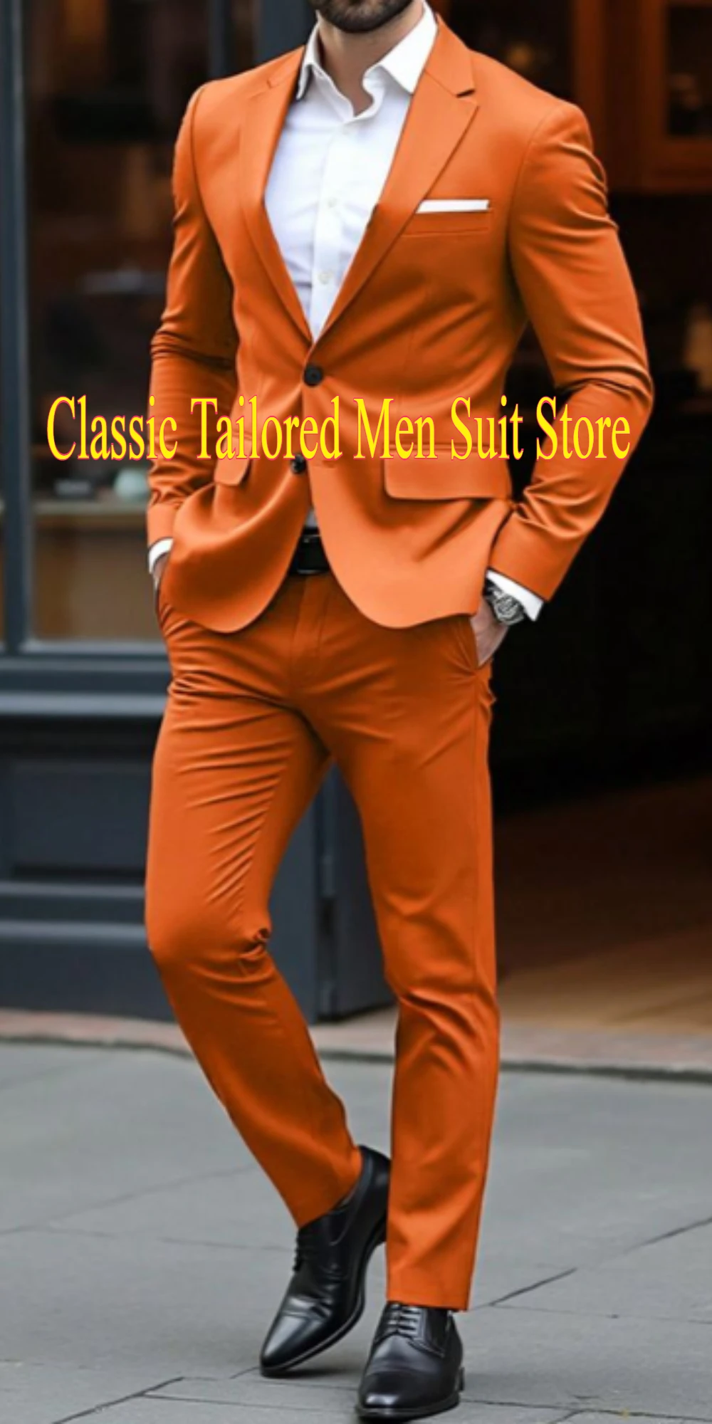 

Male Orange Business Suit Groom Groomsman Wedding Party Prom Formal Men Tuxedos 2 Piece Set Blazer Pants