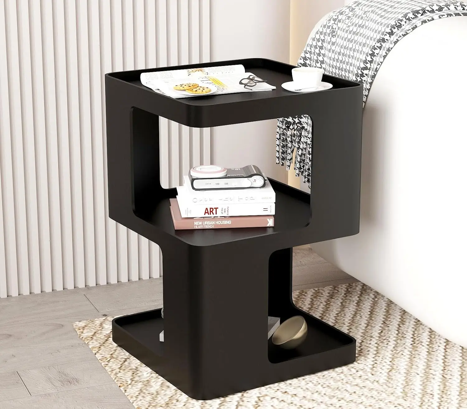 Black Nightstands, Modern Side Table with 3 Tiers Storage, Small End Table for Couch, Living Room Bedroom, Bedside Tables No Ass