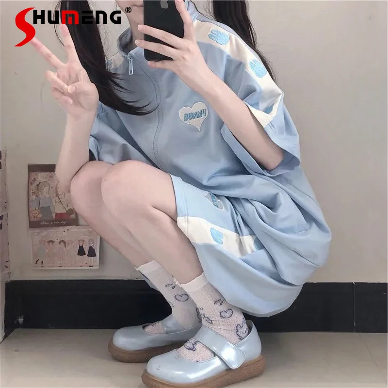 Summer Japanese Rojita Style Sweet Cute Girl Short Sleeves Zip Top Shorts Outfits Student Casual Sports Two-Piece Suit Female