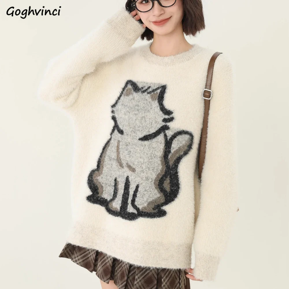 

Pullovers Women Knitted Soft Printed Loose Fit All-match Daily Korean Fashion Lazy Style Sweaters Autumn Winter Trendy Popular