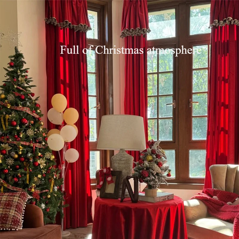 Rich American Wine Red Christmas Curtains for Living Room Theme Decoration Velvet Curtains Soft Atmosphere Background Curtains