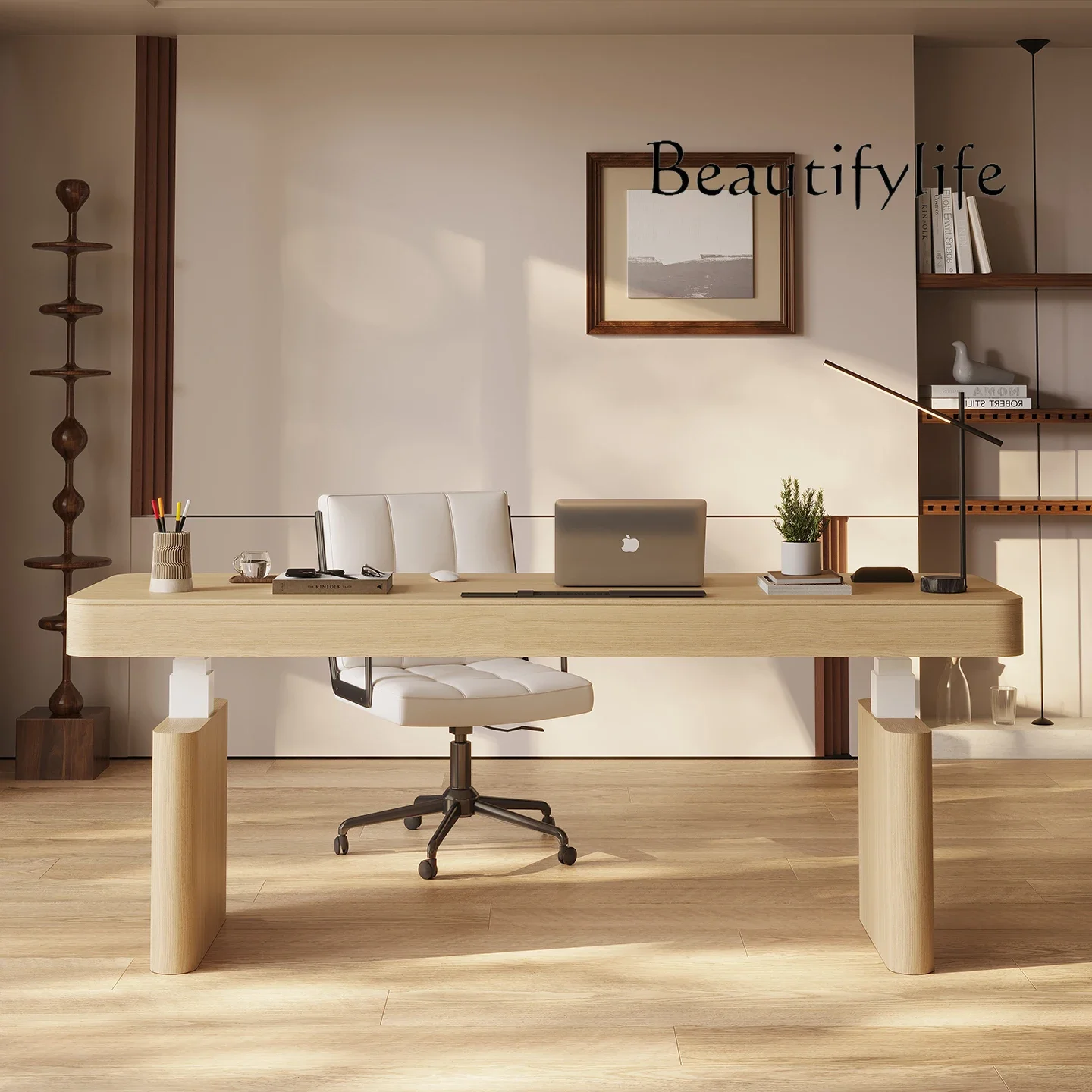 N49 White wood solid wood electric lifting table modern office computer desk double motor with drawers study table